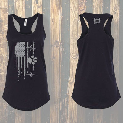American Companion women’s patriotic racerback tank top with front flag, heart line, paw print graphic, and back Soldier Solutions logo.