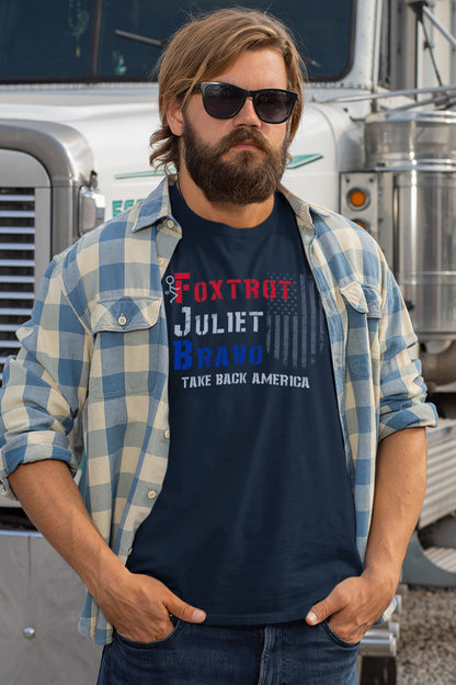 FJB phonetic code shirt for men with distressed flag graphic and bold typography.