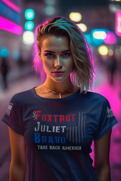 Close-up of Foxtrot Juliet Bravo design on women’s patriotic tee with vintage flag detail.