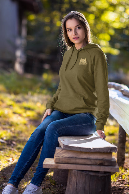 Front of IGY6 women’s hoodie with Soldier Solutions chest logo and tactical flag print on sleeve.