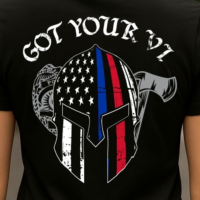 Close-up I Got Your 6 of Spartan helmet design with Thin Blue Line and Thin Red Line
