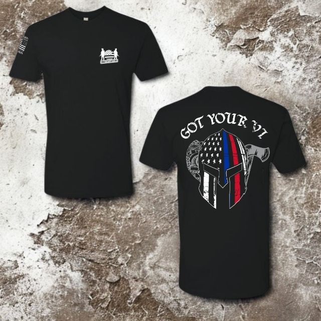 Flat lay of Got Your 6 Spartan tee showing front chest logo and full back design