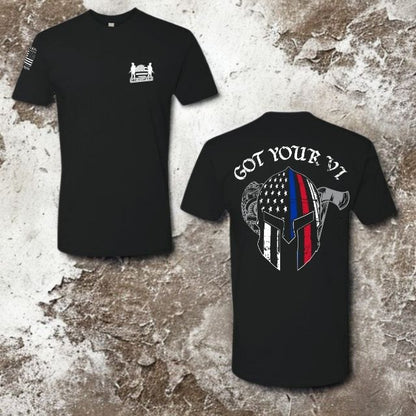 Flat lay of Got Your 6 Spartan tee showing front chest logo and full back design