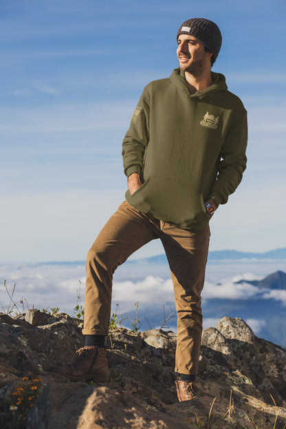 Front of men’s IGY6 hoodie featuring Soldier Solutions logo and right sleeve American flag graphic.