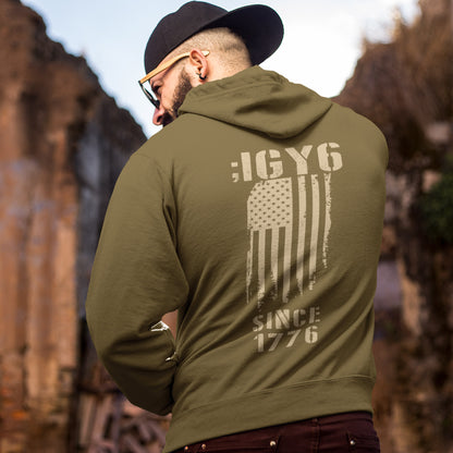 Men’s IGY6 hoodie with distressed American flag and Since 1776 back graphic, featuring tactical sleeve insignia.