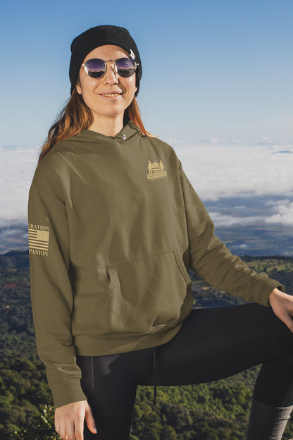 Women’s IGY6 hoodie showing Soldier Solutions chest logo and American flag sleeve print.