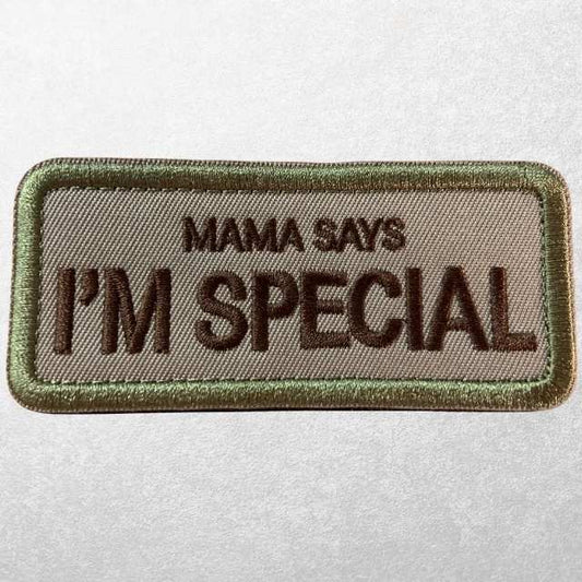 “Mama Says I’m Special” tactical morale patch with olive green border for vest or service dog gear