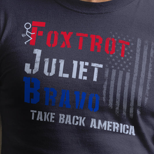 Close-up of FJB design with red white and blue text and military-style flag overlay.