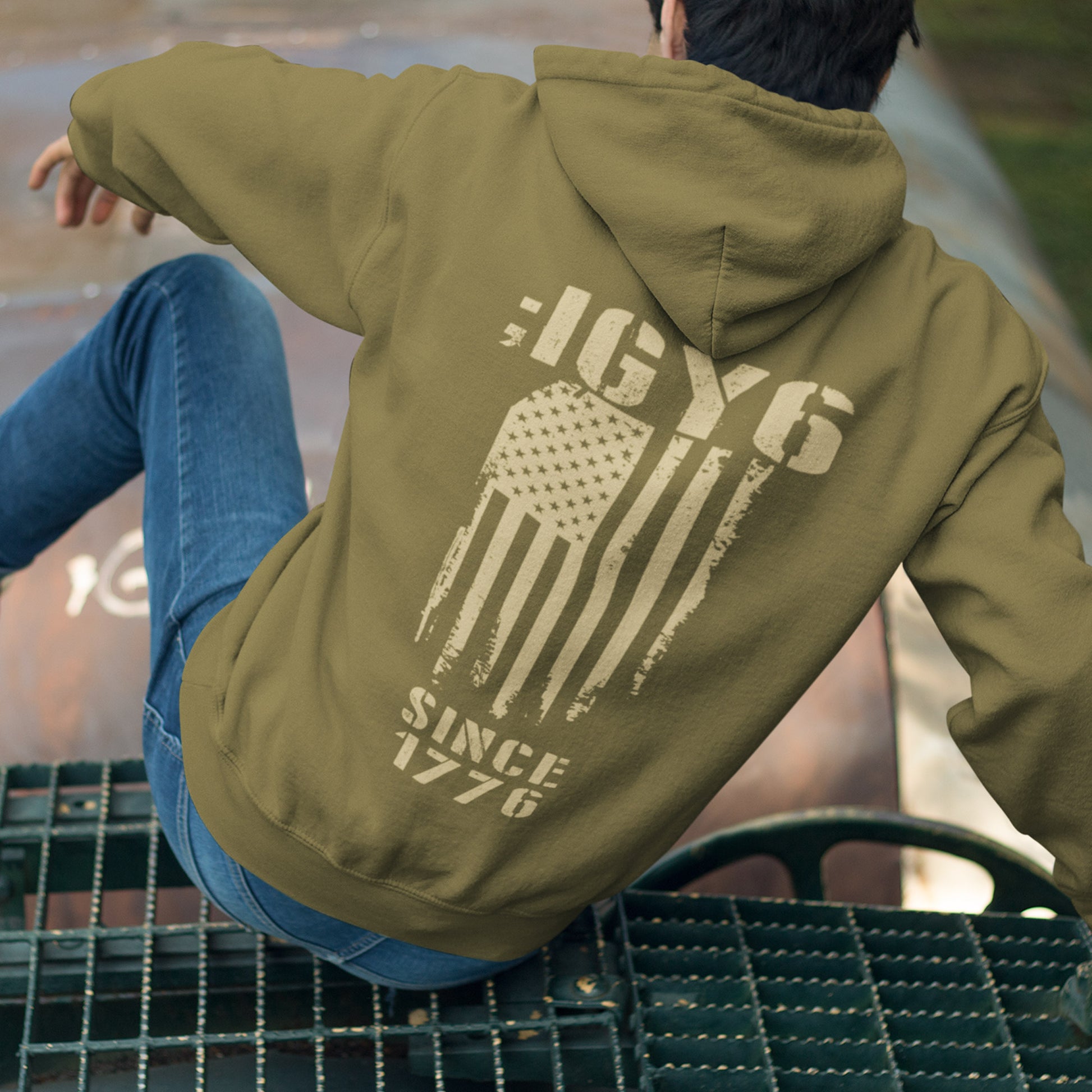 Men’s IGY6 hoodie featuring bold patriotic back graphic with flag, IGY6, and sleeve insignia.
