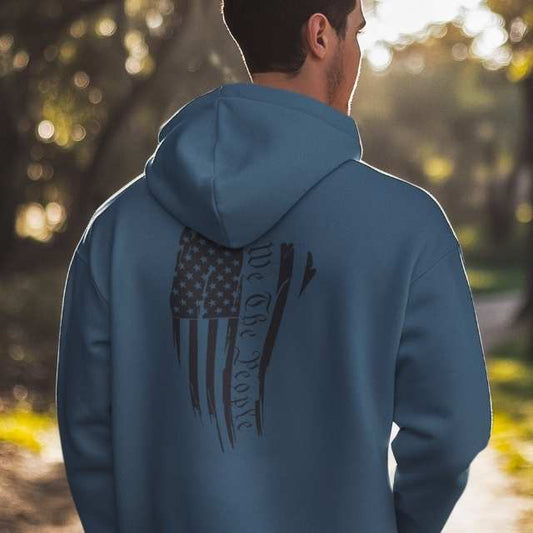 Men’s hoodie with “We The People” message and American flag graphic