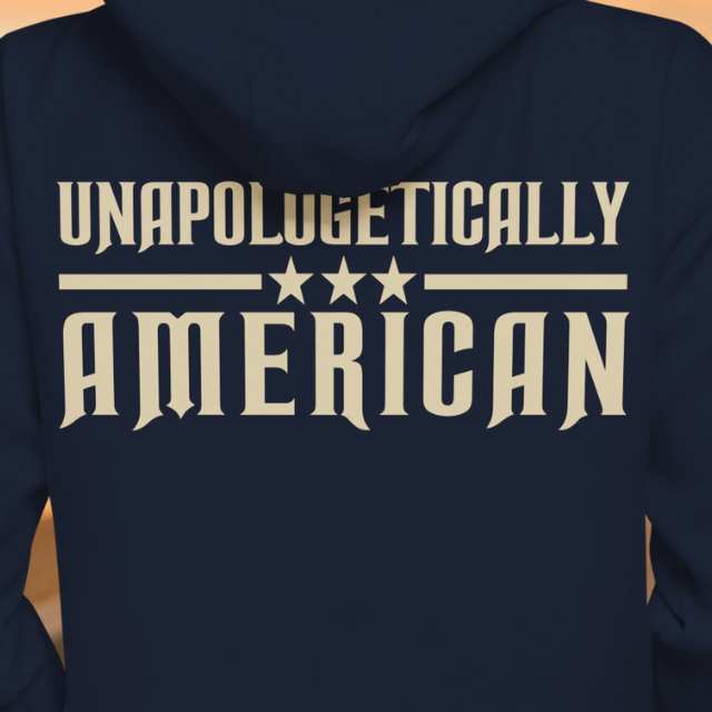 Unapologetically American hoodie back print closeup with stars and bold lettering