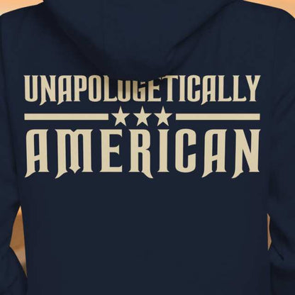 Unapologetically American hoodie back print closeup with stars and bold lettering