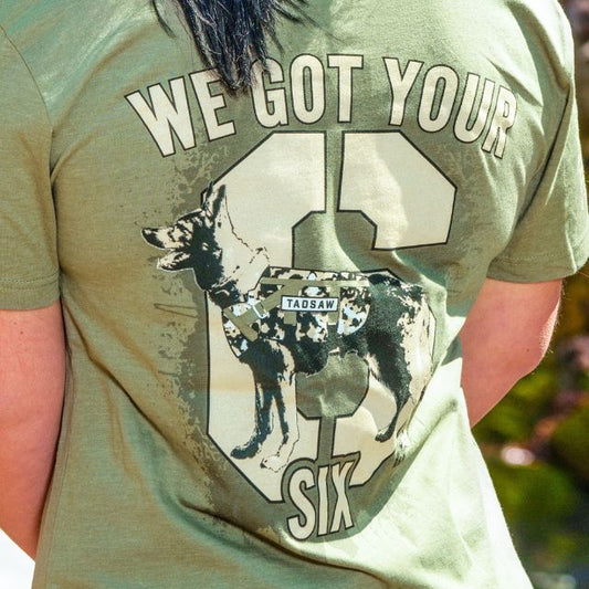 Back of We Got Your Six t-shirt showing TADSAW service dog and American-themed design