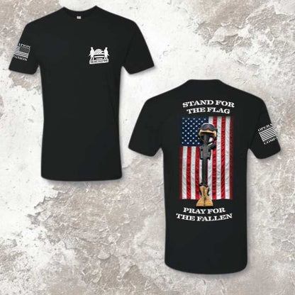 Men’s t-shirt with front Soldier Solutions logo and full back print featuring battlefield cross and American flag with "Stand for the Flag, Pray for the Fallen" message