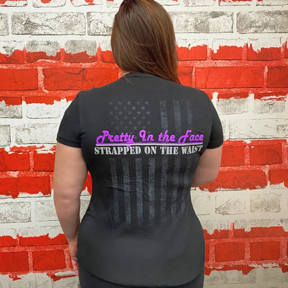 Back view of Strapped women’s patriotic tank top with tactical strap design