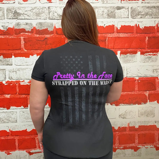 Back view of Strapped women’s patriotic tank top with tactical strap design