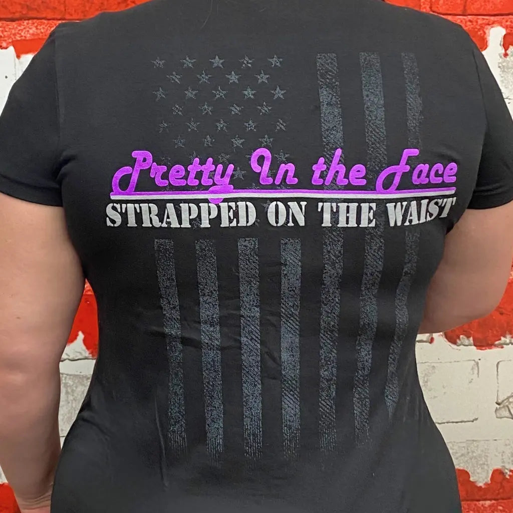 Close-up of Strapped women’s patriotic tank top with back strap detailing