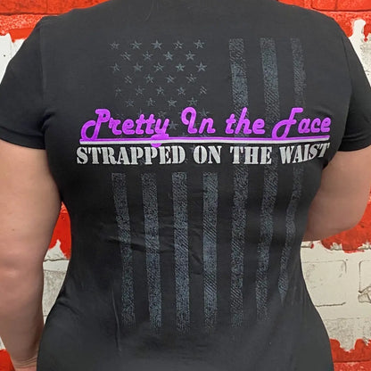 Close-up of Strapped women’s patriotic tank top with back strap detailing