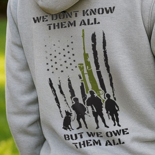 Tactical graphic hoodie with soldier silhouettes and rifle flag print