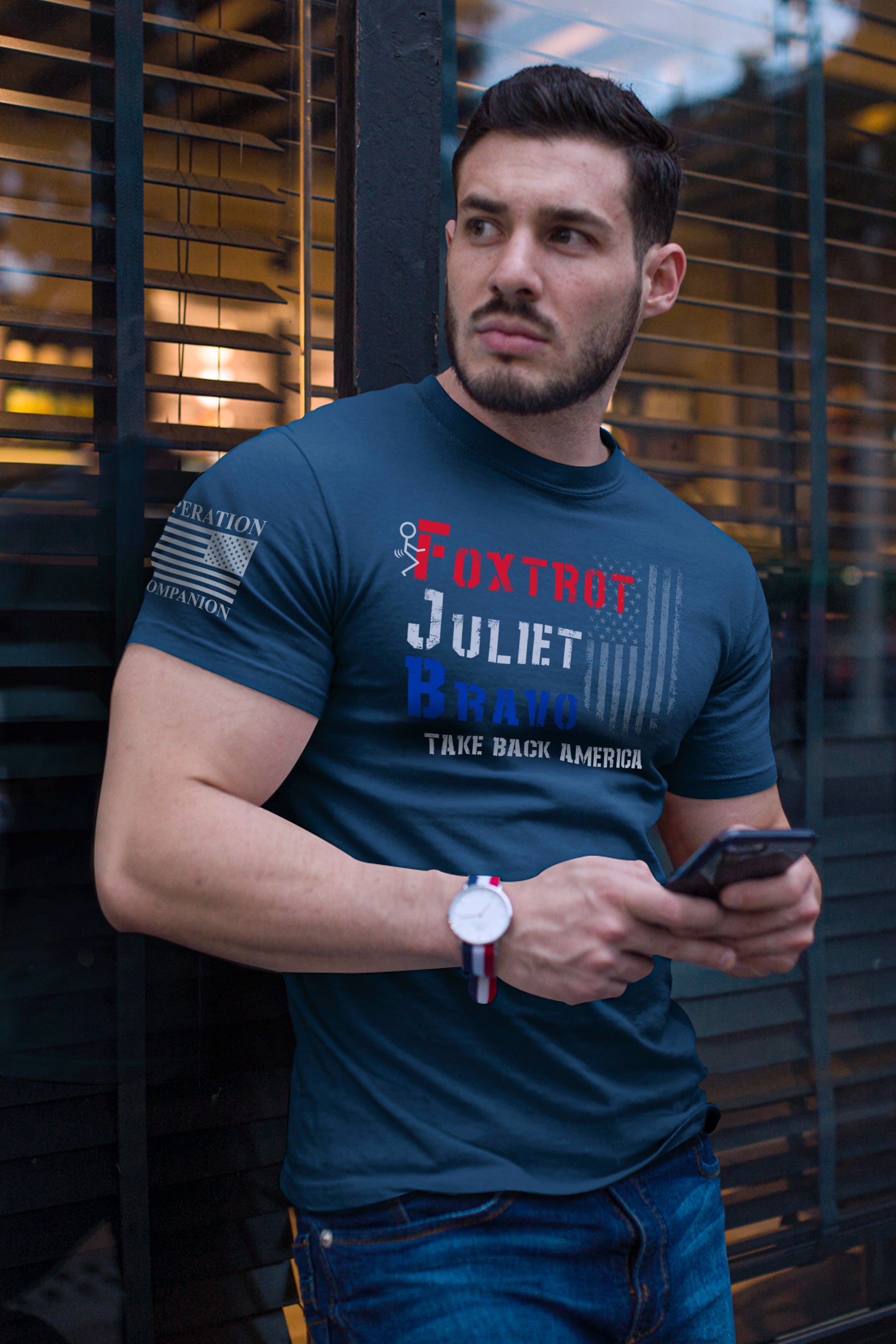 Men’s patriotic graphic tee featuring Foxtrot Juliet Bravo message.