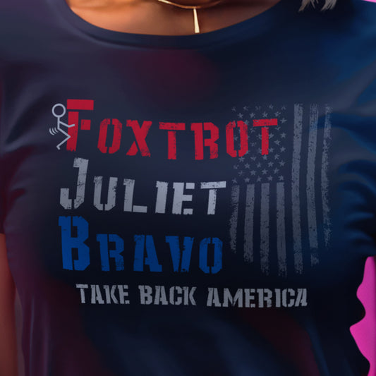 Take Back America t-shirt design with phonetic military alphabet and patriotic flag print.