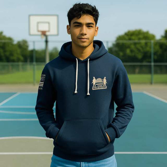 Unapologetically American men’s patriotic hoodie front with Soldier Solutions logo