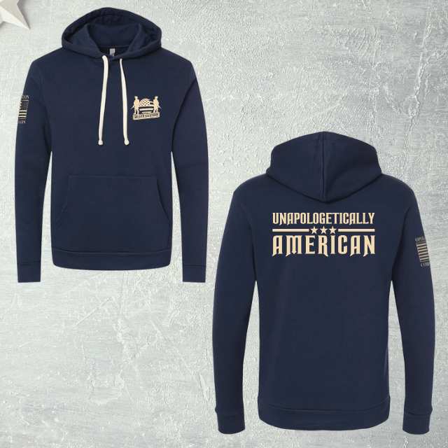 Flat lay of Unapologetically American patriotic women’s hoodie front and back design
