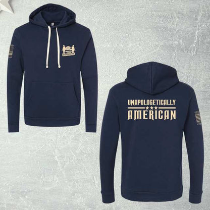 Flat lay of Unapologetically American patriotic women’s hoodie front and back design
