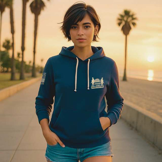 Unapologetically American women’s patriotic hoodie front with Soldier Solutions logo