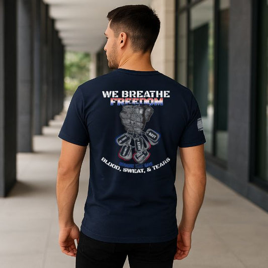 Back view of We Breathe Freedom men’s patriotic military t-shirt with clenched fist and dog tags graphic