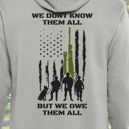 Tactical hoodie with veteran tribute design featuring American flag and armed forces silhouettes