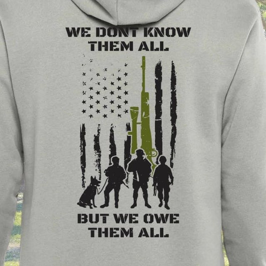 Tactical hoodie with veteran tribute design featuring American flag and armed forces silhouettes