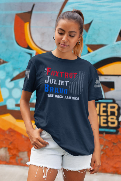 Women’s bold message shirt featuring Foxtrot Juliet Bravo stencil-style print and flag.