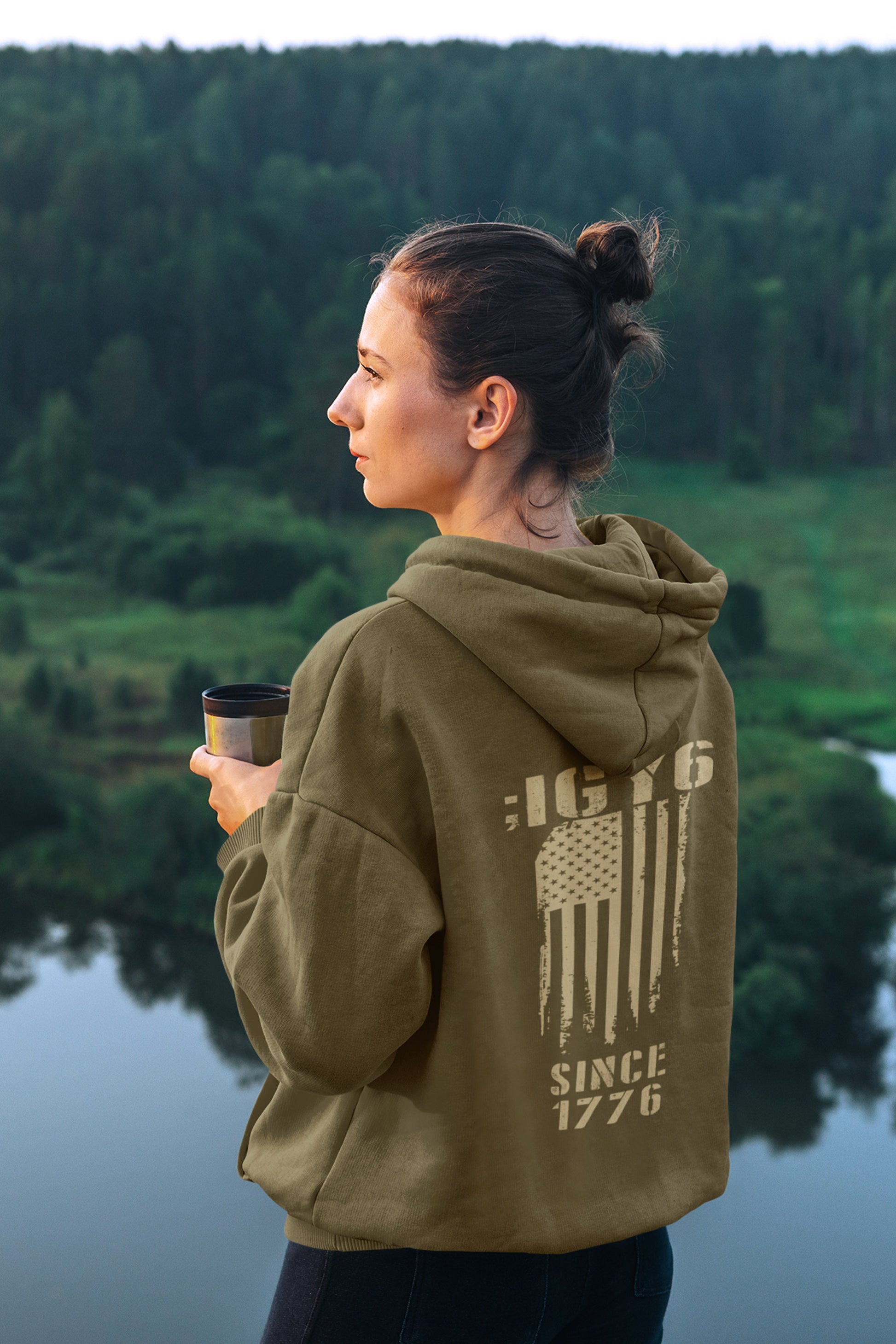 Women’s IGY6 hoodie with bold distressed flag, patriotic back print, and Operation Companion sleeve patch.