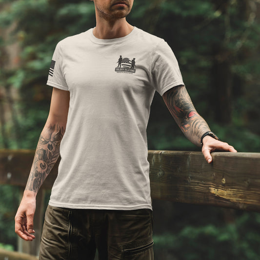 Front of Gadsden flag t-shirt featuring Soldier Solutions chest logo and American flag sleeve print.
