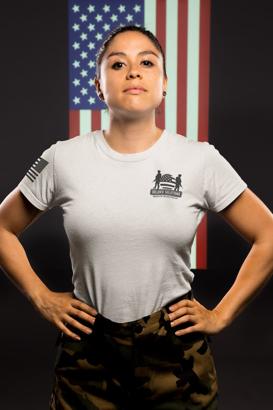 Front of Gadsden flag women’s t-shirt with Soldier Solutions chest logo and American flag sleeve.